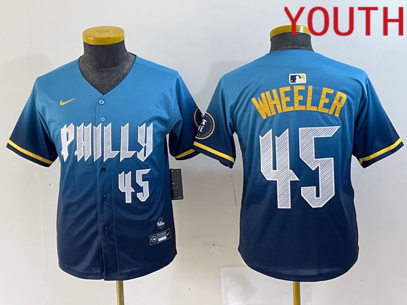 Youth Philadelphia Phillies #45 Wheeler Blue City Edition Nike 2024 MLB Jersey style 4